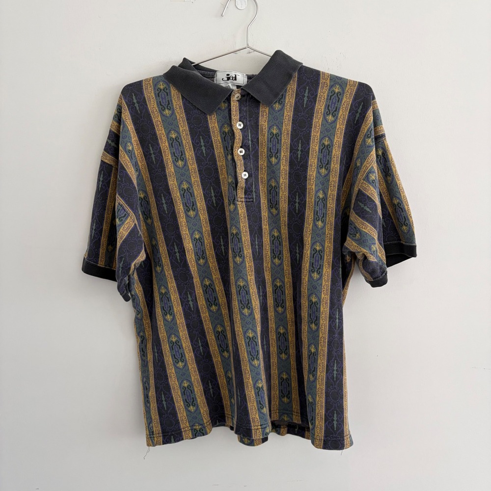 Vintage Jed Mens XL Short Sleeve Polo Shirt Abstract Vertical Stripe Cotton